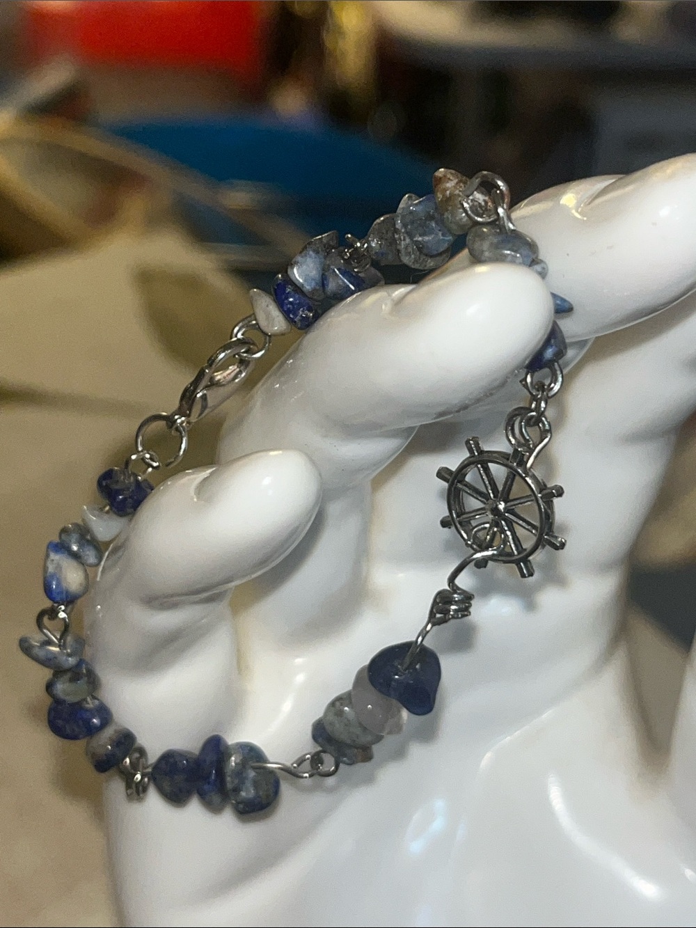 Blue Chip Stone Beaded Bracelet with Ship Wheel Charm (Small Wrists) #8